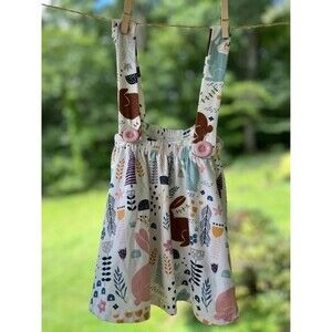 Bunny Print Pinafore Jumper Dress Size S Fits Approx. 2T-3T Woodland Rabbit